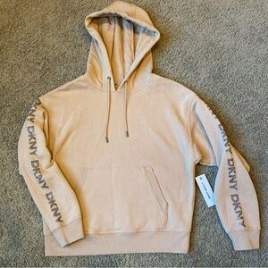 DKNY Sport Rhinestone Hoodie Womens XS Tan Silver Logo Pullover Fleece NWT